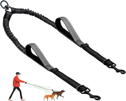 Vista 8 de Correa doble para perro, divisor sin enredos para dos perros, acoplador con cuerda de plomo larga ajustable, asas de control dual, elástico