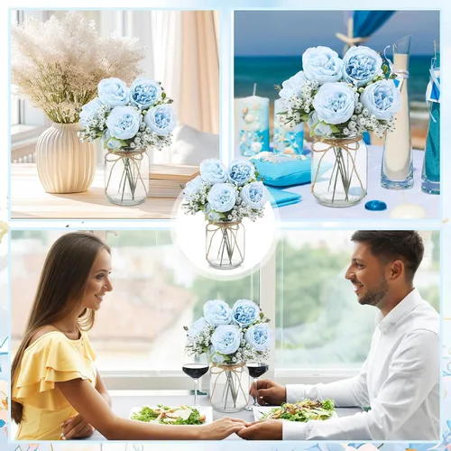 Vista 5 de Zeyune 6 juegos de tarros de albañil con flores, centro de mesa, decoración Azul