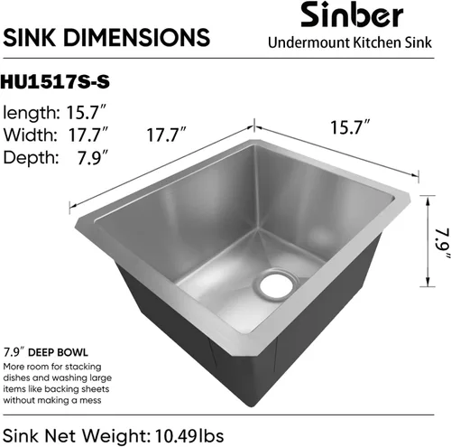 Vista 4 de Sinber HU1517S-S Fregadero de cocina de un solo compartimento bajo encimera de 16" x 18" x 8" con acero inoxidable 304 calibre 18 acabado satinado