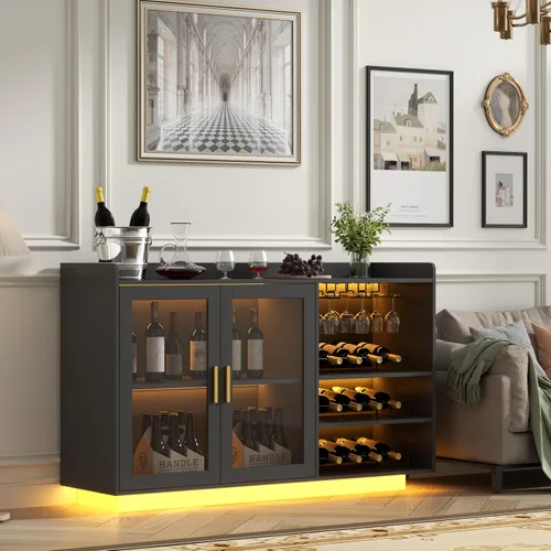 Vista 4 de Gabinete de barra de vino Loomie con luces LED, barra de café flotante con estante de vidrio y estantes de vino removibles, aparador buffet moderno