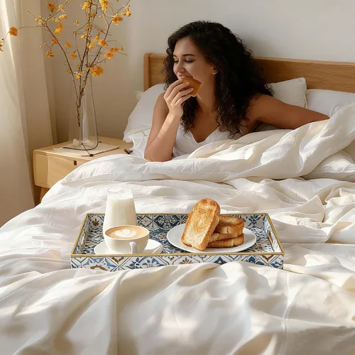 Vista 7 de Bandeja grande para servir con asas, bandeja rectangular de plástico para servir, bandejas otomanas azules bohemias para sala de estar, bandeja