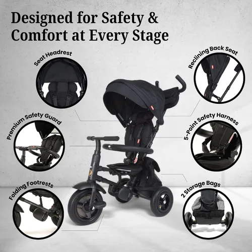 Vista 5 de QPlay Rito - Triciclo plegable de lujo premium para niños pequeños con puntos de contacto de cuero, cochecito de triciclo para niños pequeños
