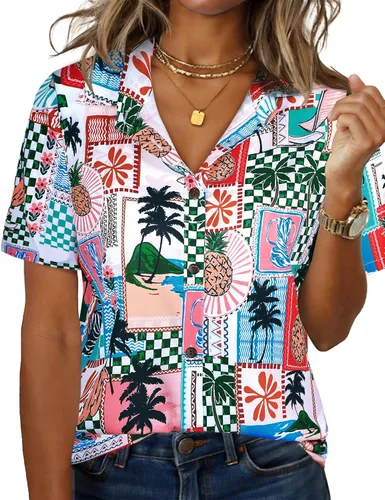Vista 19 de LILYCHIC Camisas hawaianas de verano con botones de coco para mujer, camisas suaves con botones de manga corta A-hoja floral negra