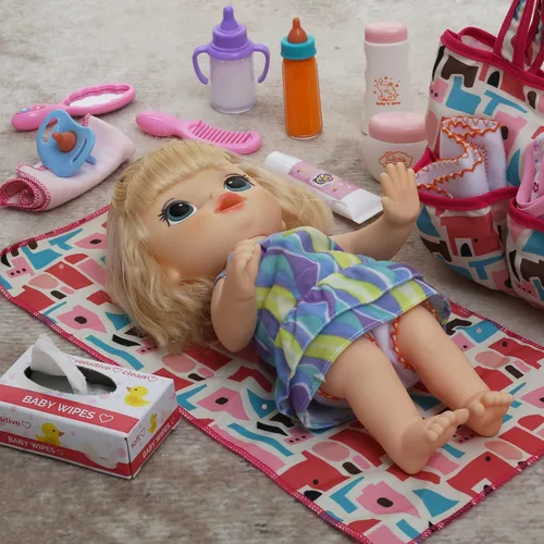 Vista 6 de Paquete de 14 accesorios para muñecas de bebé, juego de alimentación y cuidado de muñecas que incluye bolsa de pañales, pañales para muñecas