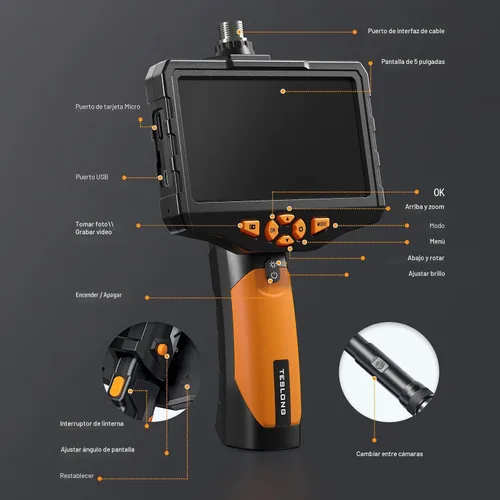 Vista 8 de Teslong Cámara de Inspección, Cámara de Boroscopio de Doble Lente con Luz, NTS300 Endoscopio Industrial IPS de 5", 1080P Impermeable Flexible