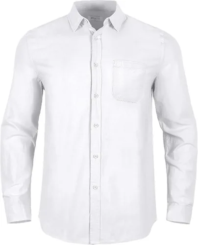 Vista 2 de JEKAOYI Camisas de lino con botones para hombre, estilo casual, manga larga, ajuste regular, de algodón, con bolsillo