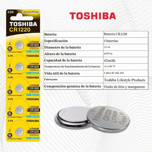 Vista 4 de TOSHIBA Batería de celda de moneda de litio CR1220 3V 5 baterías en embalaje resistente a los niños de la tira
