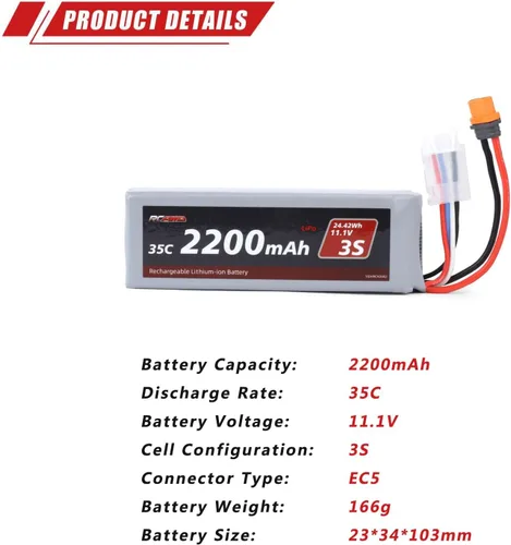 Vista 6 de RCAWD 11.1V Lipo Batería 3S 35C 2200mAh con JST IC2 para Arrma Grom Typhon
