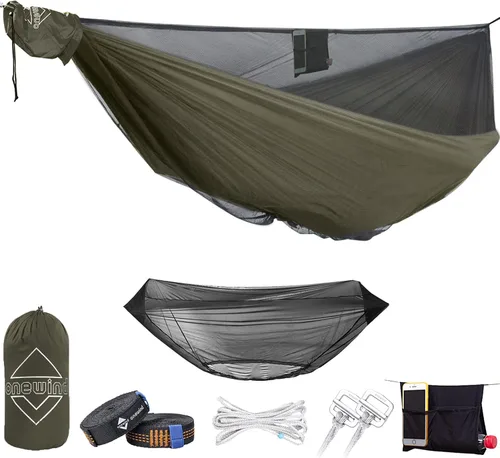 Vista 10 de OneWind Hamaca portátil para acampar de 11 pies con mosquitera, hamaca doble Ridgeline ajustable con correas de árbol de 2 x 12 pies, color marrón