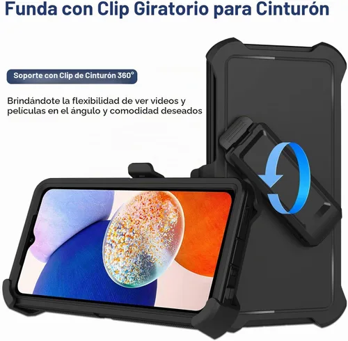 Vista 2 de Funda para Samsung Galaxy A14 5G con funda de clip para cinturón, 2 protectores de pantalla de vidrio, resistente grado militar, cuerpo completo, a