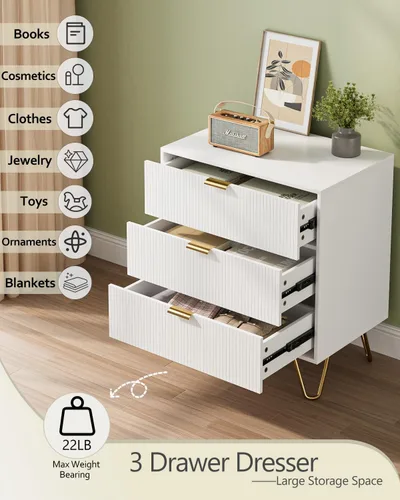 Vista 4 de Cómoda blanca para dormitorio, moderna cómoda acanalada de 3 cajones con almacenamiento, cómoda con asas doradas para dormitorio, sala de estar