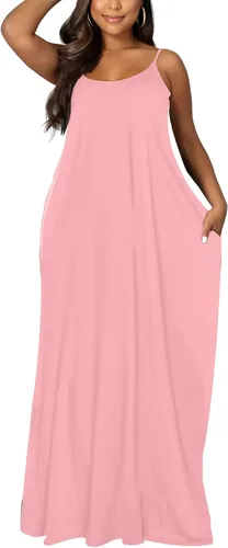 Vista 3 de OFEEFAN - Maxivestido de verano para mujer, diseño con tirantes delgados y bolsillos.