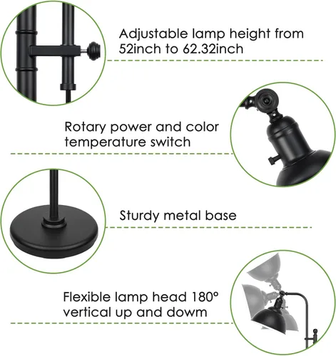 Vista 4 de Lámpara de pie industrial Coucrek, lámparas rústicas de 3 temperaturas de color en bronce envejecido, altura ajustable y luces de lectura Mate negro