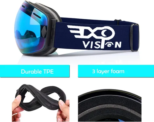 Vista 3 de EXP VISION Gafas de esquí de snowboard para hombres, mujeres y jóvenes, antiempañamiento OTG, gafas de nieve de invierno, lentes desmontables