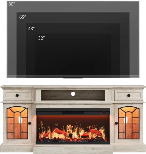 Vista 8 de QUW - Soporte de TV con chimenea estilo granja de 70 pulgadas para televisores de hasta 80 pulgadas, centro de entretenimiento con chimenea