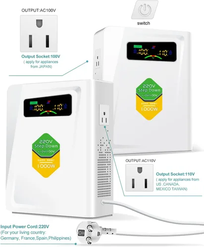 Vista 2 de Transformador de 220 V a 110 V de 1000 W, convertidor de voltaje de energía sin ruido, con diez funciones de protección, adecuado para máquinas