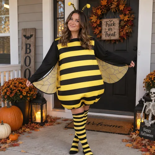Vista 4 de Disfraz de abeja adulta para mujer, traje de abejorro de 4 piezas Negro y amarillo