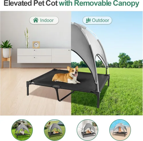 Vista 2 de Cama elevada para perros para exteriores con toldo, cuna elevada para perros con sombra, tienda de campaña impermeable para perros medianos