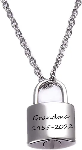 Vista 7 de Collar de urna de cremación con candado personalizado para ceniza, nombre personalizado, fecha, RIP, colgante de cremación grabado, candado