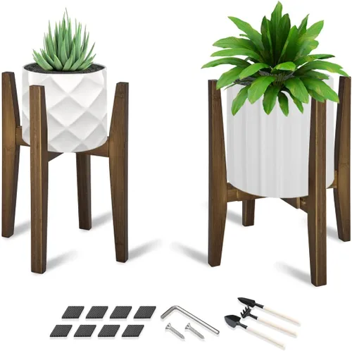 Vista 9 de OERGKE Soporte ajustable para plantas de interior, soportes de bambú modernos de mediados de siglo, soporte de flores de esquina para sala de estar