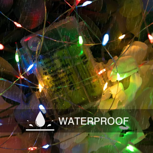 Vista 5 de Luces de cadena para exteriores de 33 pies con 100 LED, paquete de 2 luces de hadas que funcionan con baterías con control remoto, luces Multicolor
