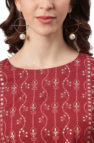 Vista 7 de Janasya - Vestido étnico flexible de algodón granate para mujer