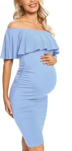 Vista 4 de AONESX Vestido de maternidad ajustado con volantes y hombros descubiertos, vestido de embarazo formal para baby showerfotografía