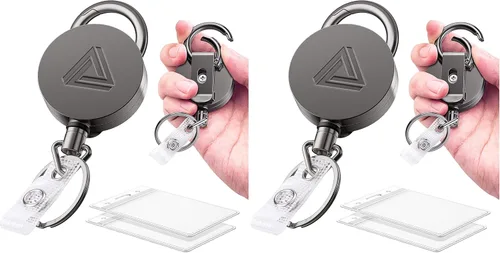 Vista 8 de Carrete Portainsignias Retráctil de Metal Resistente con Clip para Cinturón y Llavero, Soporte Vertical Transparente Impermeable para Tarjetas