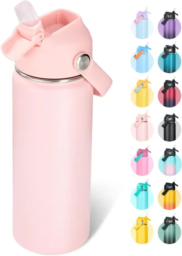 Vista 40 de Fijinhom Botella de agua aislada de acero inoxidable de 18 oz, de boca ancha, de doble pared, con vacío, con pajita de silicona, a prueba de sudor