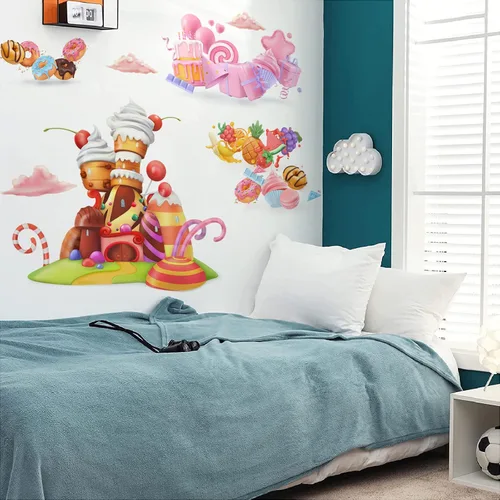 Vista 6 de Pegatinas de pared de castillo de helados y dulces Calcomanías removibles para tartas de frutas, decoración de fiesta de Navidad, guardería