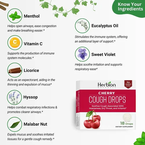 Vista 2 de Herbion Naturals Gotas para la tos con sabor a cereza natural, suplemento dietético, alivia la tos, para adultos y niños mayores de 6 años, 18