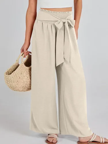 Vista 2 de Caracilia Pantalones de descanso de pierna ancha para mujer con bolsillos, cintura alta, pantalones palazzo largos y fluidos, ajustables, con nudo
