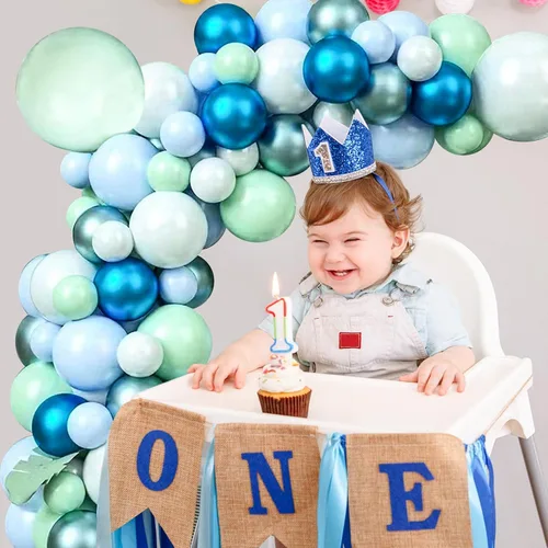 Vista 5 de Kit de guirnalda de globos de 125 piezas azul verde macarrón y globos azul metálico plateado para decoración de fiestas de cumpleaños, jubilación