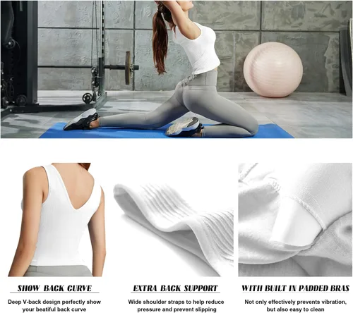 Vista 5 de Camiseta corta de entrenamiento para mujer con sujetadores deportivos integrados, sin costuras, para gimnasio, yoga
