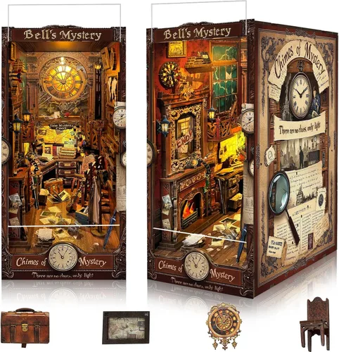 Vista 13 de BELEEV Kit de rincón de libros – Librero de madera en miniatura con luces LED, puerta que se puede abrir, rompecabezas 3D, decoración de estantería