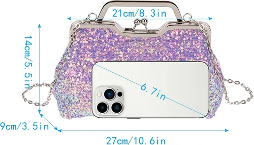 Vista 7 de Mini bolso de noche con lentejuelas con purpurina para mujer, bolso de mano de metal con asa superior, correa de cadena, bolso cruzado