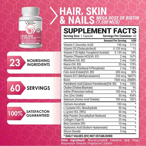 Vista 4 de Vitaminas para cabello, piel y uñas sanos creado por médicos para hombres y mujeres. 0.00026 oz. de biotina, aminoácidos, colágeno y ácido
