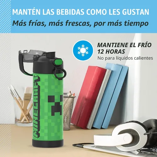 Vista 5 de THERMOS FUNTAINER Botella aislada al vacío de acero inoxidable de 16 onzas con tapa ancha de canalón, MINECRAFT