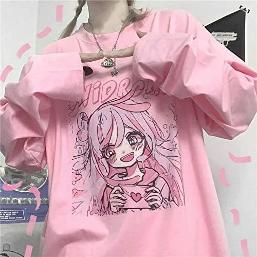 Vista 5 de Kawaii Camiseta de gran tamaño lindo rosa Anime camisa japonesa Harajuku Tee de manga larga conejo gato adolescente chica más