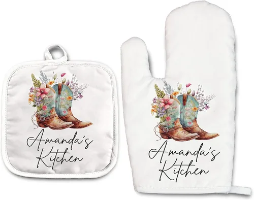 Vista 22 de Angela's Kitchen - Juego de guantes de horno personalizados y soporte para ollas Regalos de cocina personalizados Inauguración de la casa