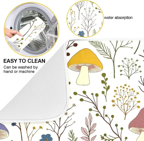 Vista 2 de Linda alfombrilla de secado de platos con hongos y plantas silvestres para encimera de cocina, almohadilla absorbente de microfibra, mediana 16x18