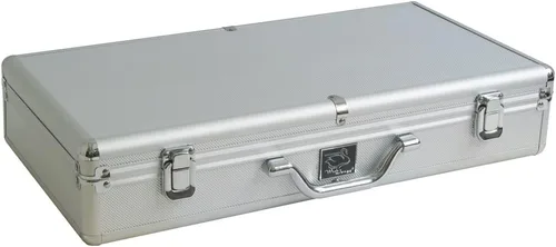 Vista 4 de Set - Azulejos blanco/burdeos, brazos de empuje clásicos - Caja Mahjong de aluminio plateado