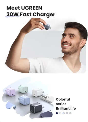 Vista 3 de UGREEN Cargador USB C de 30 W para iPhone 17, Nexode plegable GaN PPS compacto y rápido cargador de pared, adaptador de corriente USB-C para iPhone