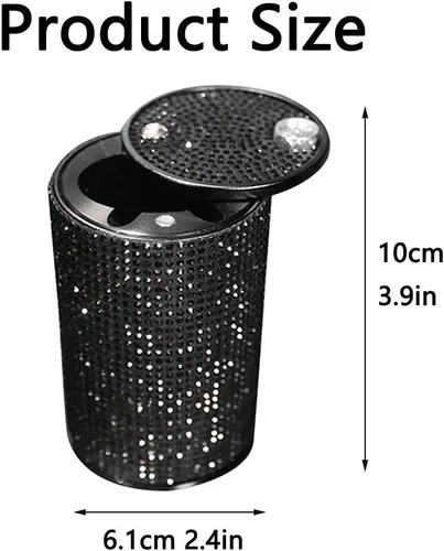 Vista 6 de Cenicero portátil con tapa, a prueba de olores, cenicero de automóvil de diamantes de cristal para mujeres, mini bote de basura ideal para Negro
