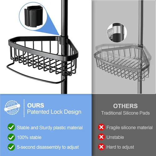 Vista 3 de Organizador de Ducha de Esquina con Barra de Tensión: Organizador Ajustable a Prueba de Óxido de 4 Niveles para el Interior del Baño - 120-307 cm