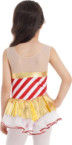 Vista 3 de Vestido de baile tutú a rayas con lentejuelas para niños, vestido de patinaje artístico, fiesta de Navidad, disfraz de bastón de caramelo