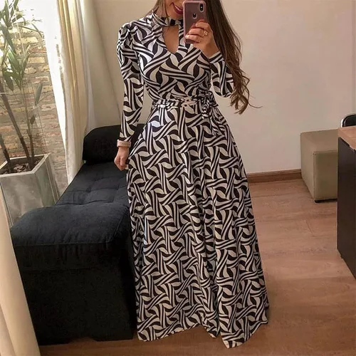 Vista 2 de FOVIGUO Vestido largo de manga larga con abertura para mujer, estampado floral, elegante, con cinturón
