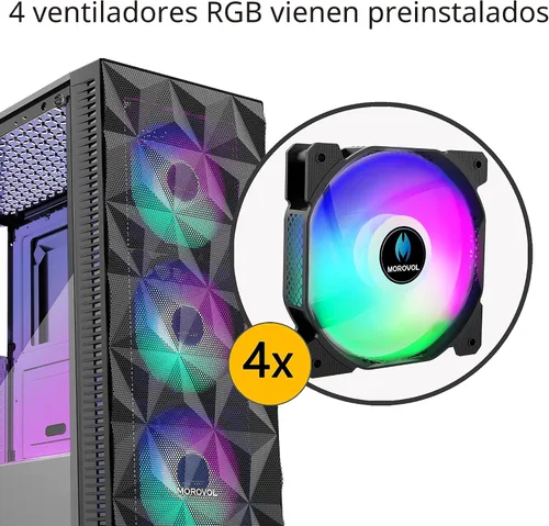 Vista 2 de MOROVOL Carcasa para PC con 4 ventiladores RGB preinstalados, carcasa de computadora ATX para juegos con malla frontal en forma de diamante y panel