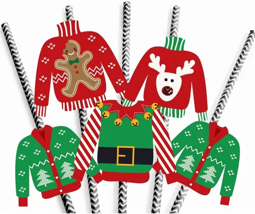 Vista 6 de Big Dot of Happiness Juego de 24 pajitas decorativas de papel para suéter feo, para fiestas de Navidad y Navidad