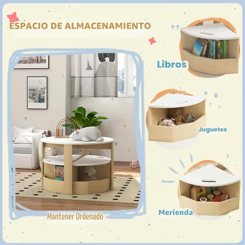 Vista 5 de Qaba Juego de mesa y sillas para niños pequeños, 5 piezas, mesa redonda de Almacenamiento, Juego, Arte, Manualidades, Dibujo, Sala de juegos, Aula